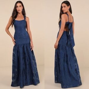 Lulus Opulent Aura Navy Floral Jacquard Tie-Back Drop Waist Maxi Dress S Wedding
